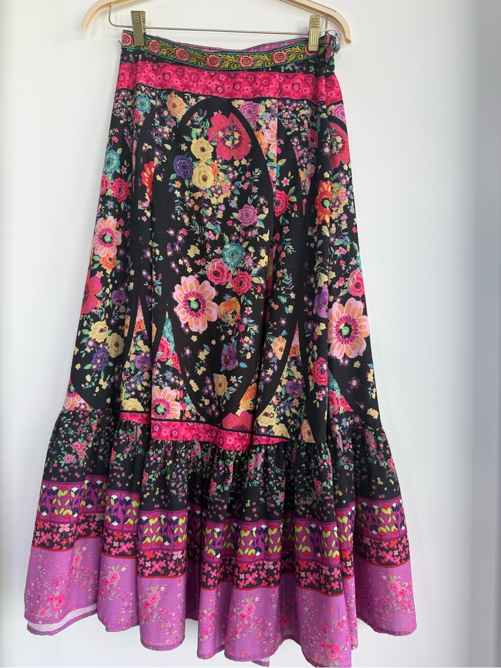 Floral Maxi Skirt in Black with Pink & Purple Accents